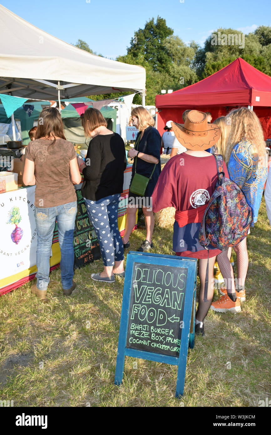 Vegan food at Bardfest, a small music festival in Bardwell, Suffolk, UK July 2019 Stock Photo