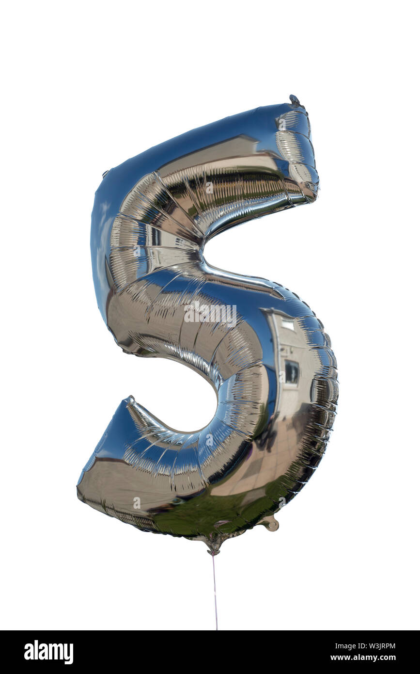 number 5 helium filled balloon against white with clipping path Stock Photo