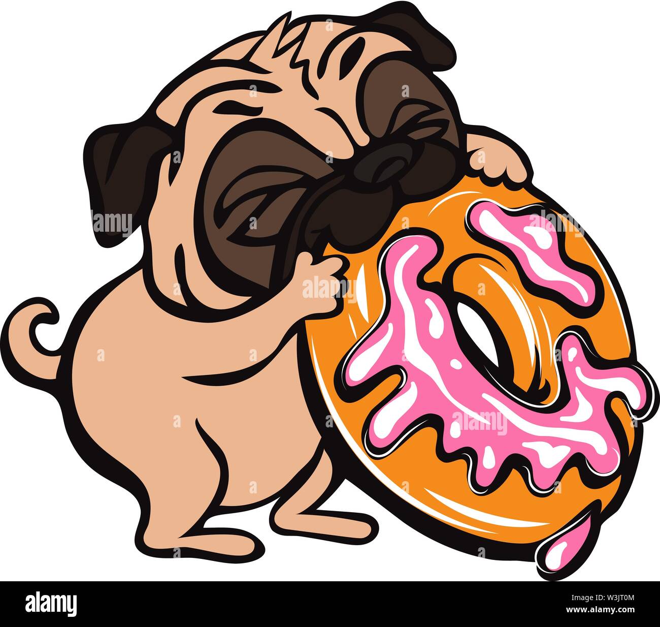 Pug eat donut icon. Cartoon of pug eat donut vector icon for web design isolated on white background Stock Vector