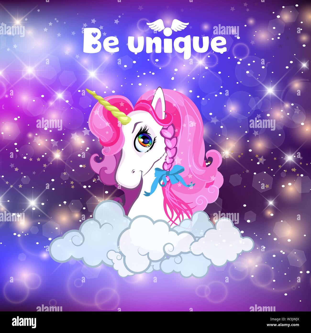 Unicorn head with pink mane portrait on rainbow mesh kawaii universe galaxy  space or night sky holographic background, clouds, magic sparkles, stars  Stock Photo - Alamy