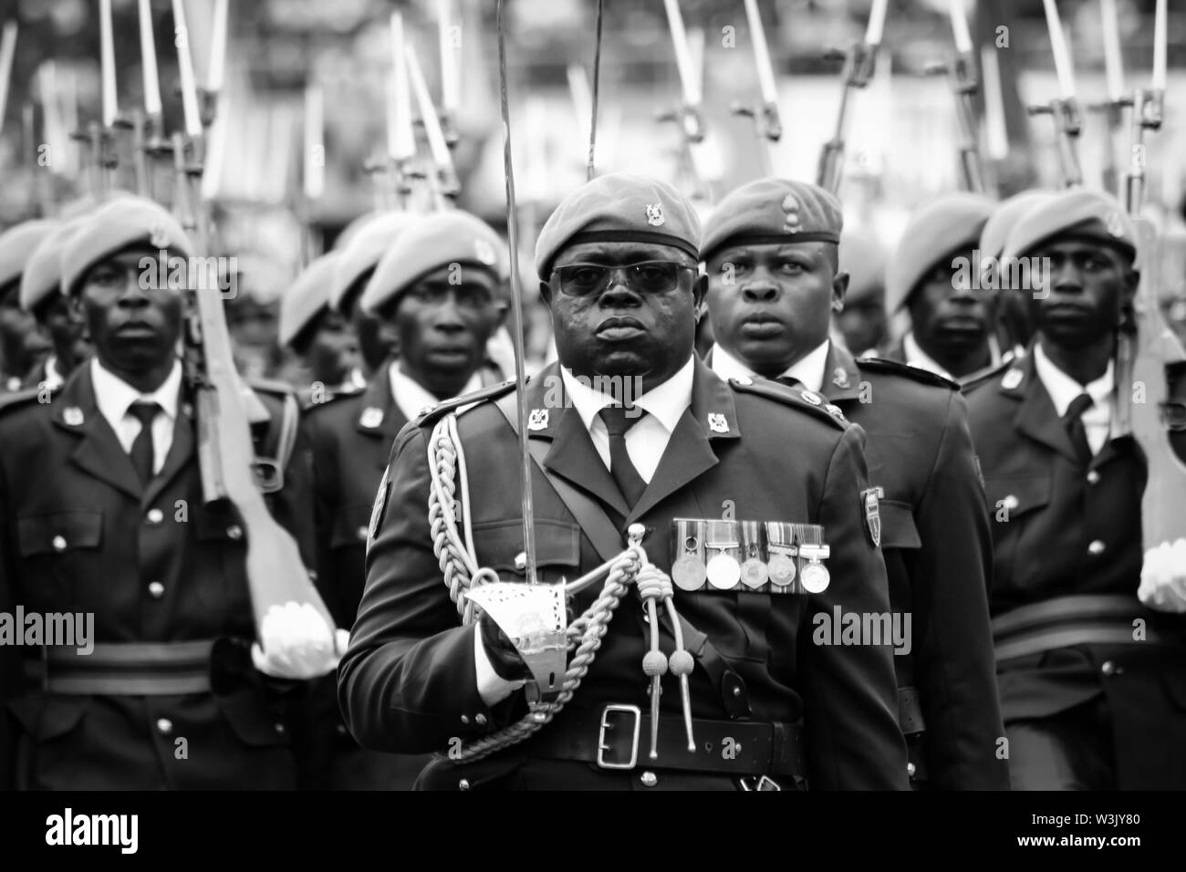 Harare, Zimbabwe - November 24 2017: Commanding Officer 1 Presidential Guard Infantry Battalion, Lieutenant Colonel Samson Murombo leads his battalion Stock Photo