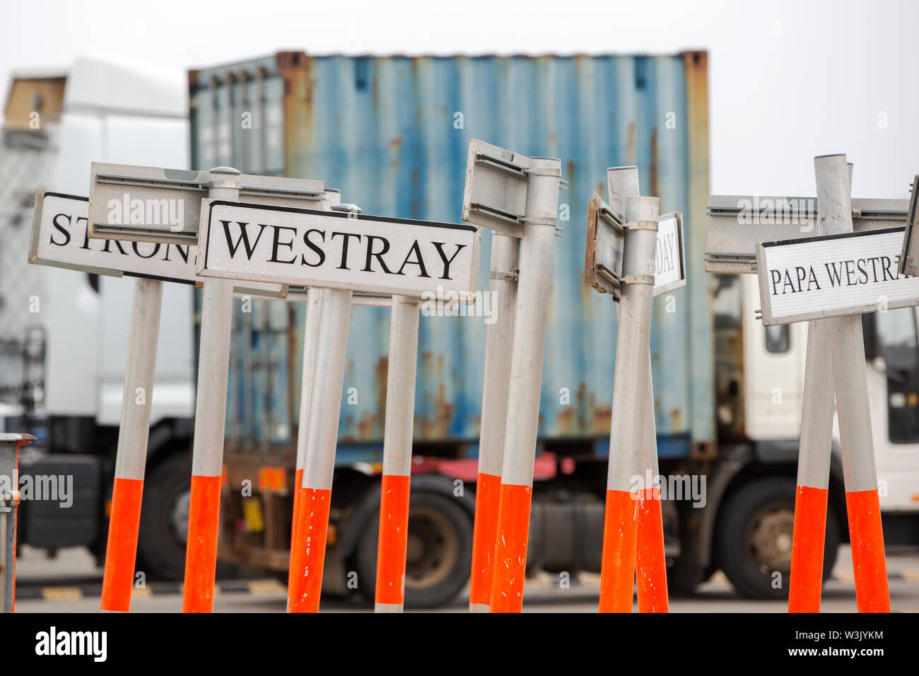 Signs for ferries in Kirkwall, Orkney, Scotland, UK. Stock Photo