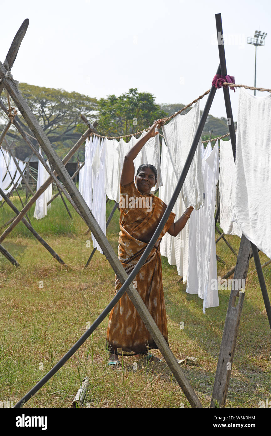 Indian woman pegging out laundry at Dhobi khana public laundry in Kochi (Cochin) Kerala, India Stock Photo