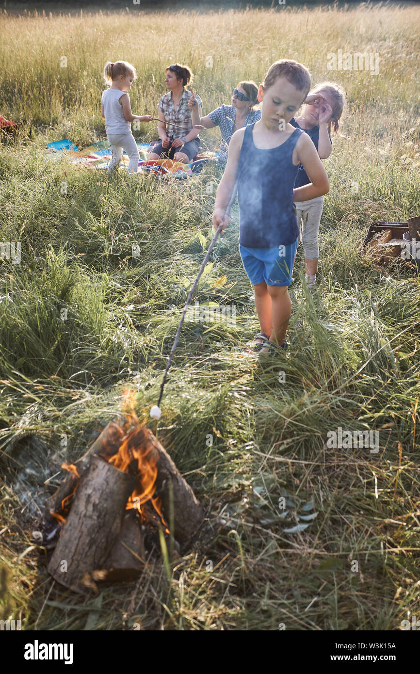 Little boy roasting marshmallow over a campfire. Family spending time together on a meadow, close to nature. Parents and children sitting on a blanket Stock Photo