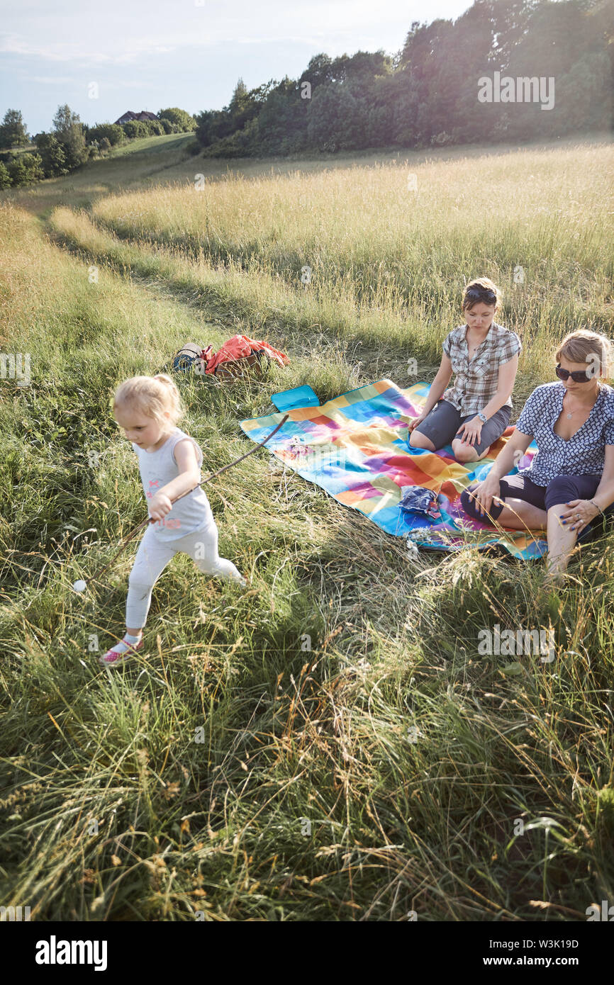 Family spending time together on a meadow, close to nature, roasting marshmallows over a campfire, parents and children sitting on a blanket on grass. Stock Photo
