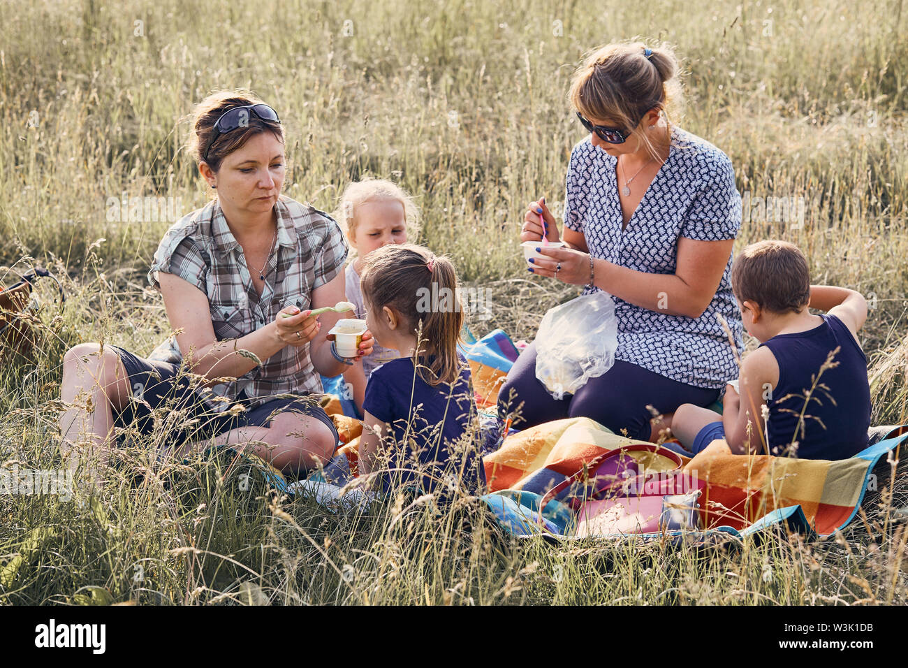 Families and friends spending time together on a meadow, close to nature. Mothers feeding kids, sitting on a blanket, on grass. Candid people, real mo Stock Photo