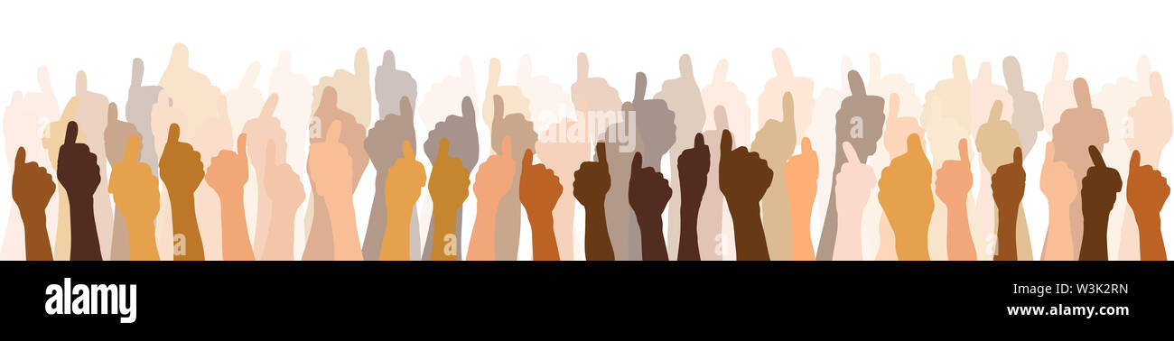 Panorama of many different hands showing the thumbs up in multiple rows as a team and success concept Stock Photo