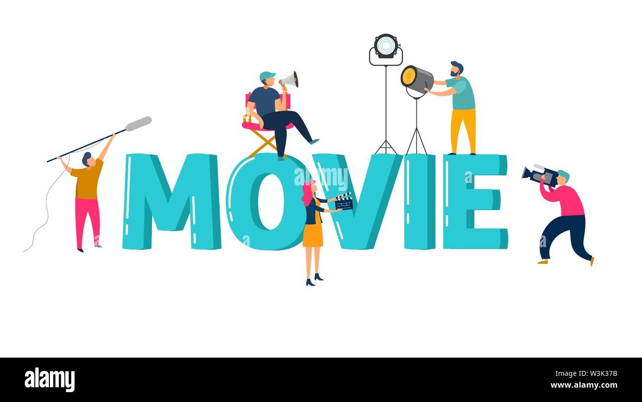 Movie concept, photo shot scene with various people - director, lightman, photographers holding a photo camera Stock Vector