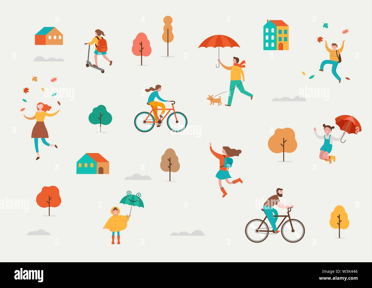 Autumn, fall scene with various cute people, families and children having fun, playing with autumn leaves and jumping with an umbrellas. Crowd of tiny Stock Vector