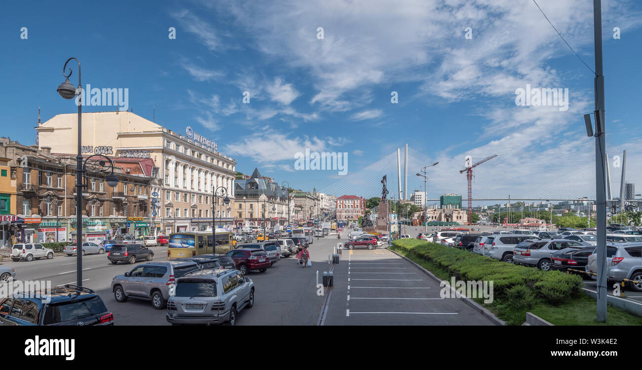 VLADIVOSTOK, RUSSIA - JULY 18, 2016: Svetlanskaya street view. It is a major street in Vladivostok, Russia. Stock Photo