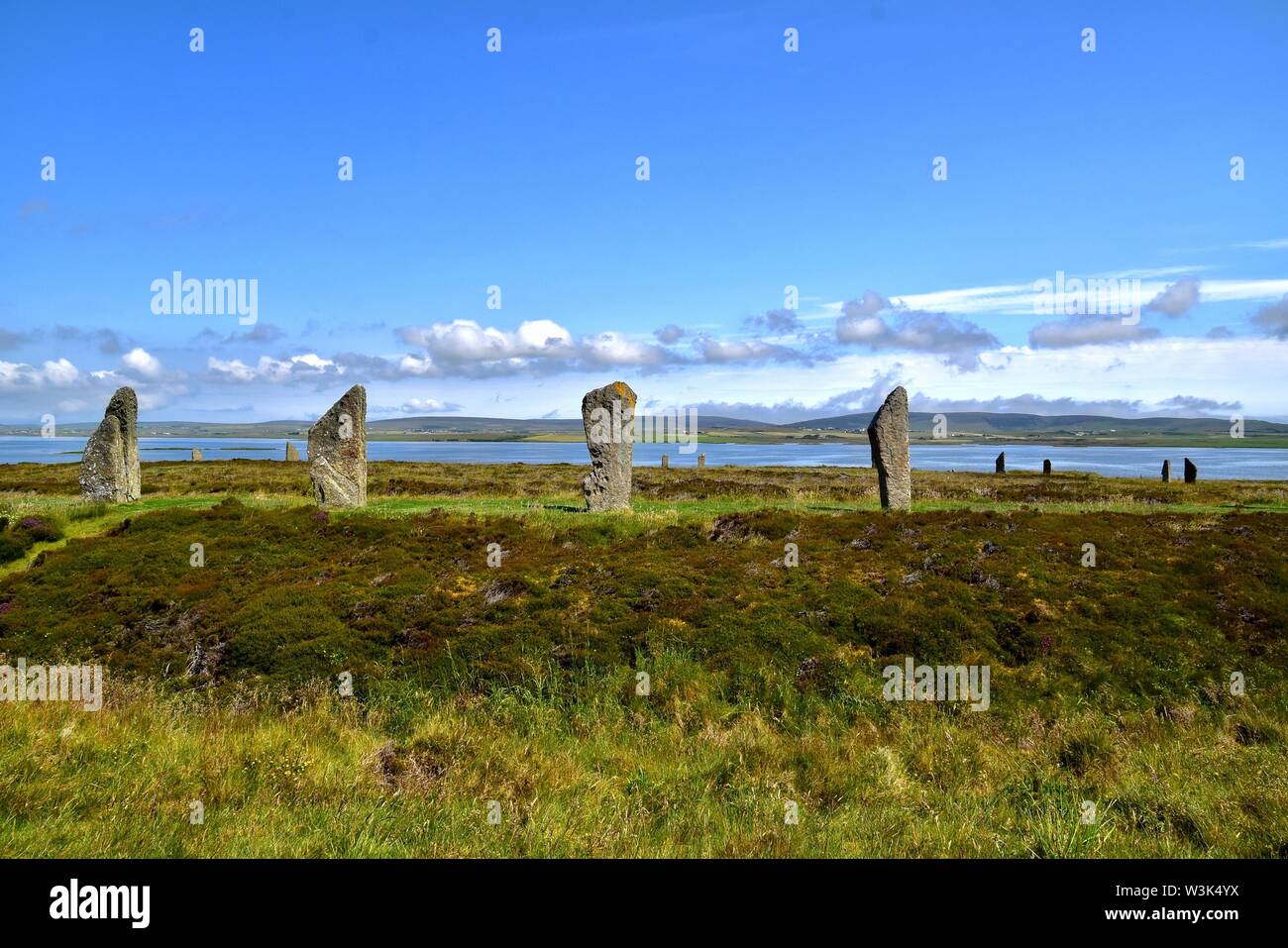 Ring of Brodgar and the Loch of Harray. Stock Photo