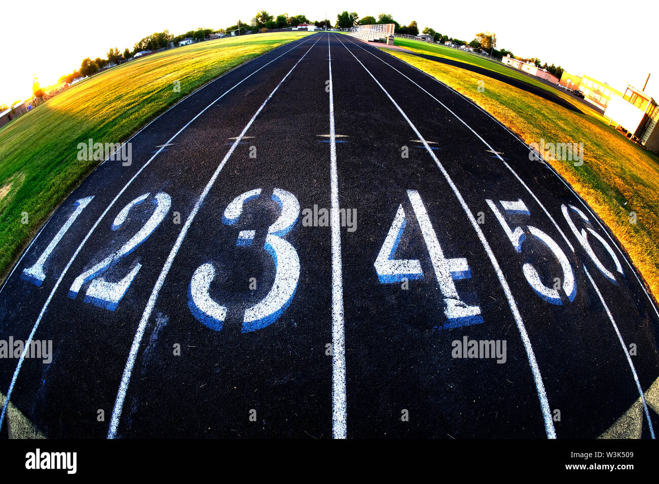Track lanes for running races fisheye lens round with numbers Stock