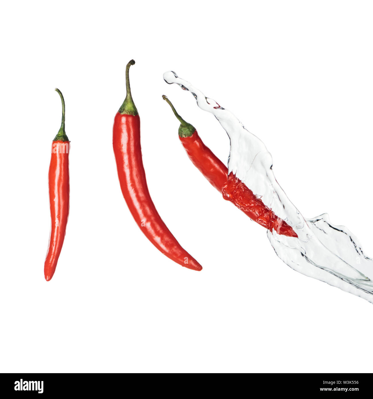 bright spicy red chili peppers with clear water splash isolated on ...