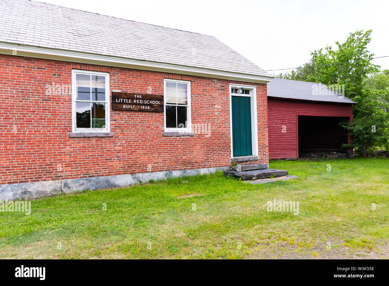 East Charlemont District brick schoolhouse, also known as the 'Little Red School,' in Charlemont, MA. Stock Photo