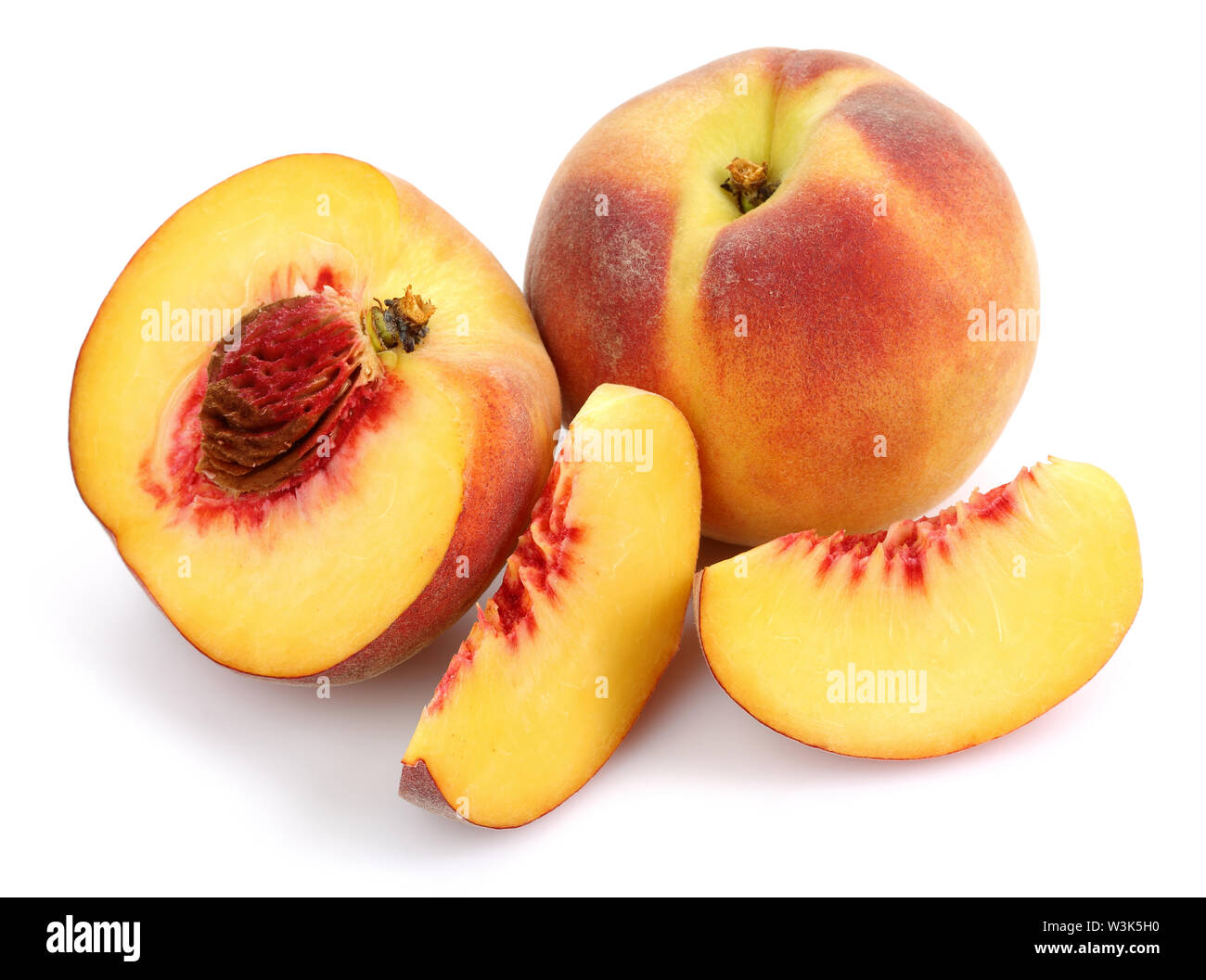 Ripe peach fruits with slices isolated on white background Stock Photo ...