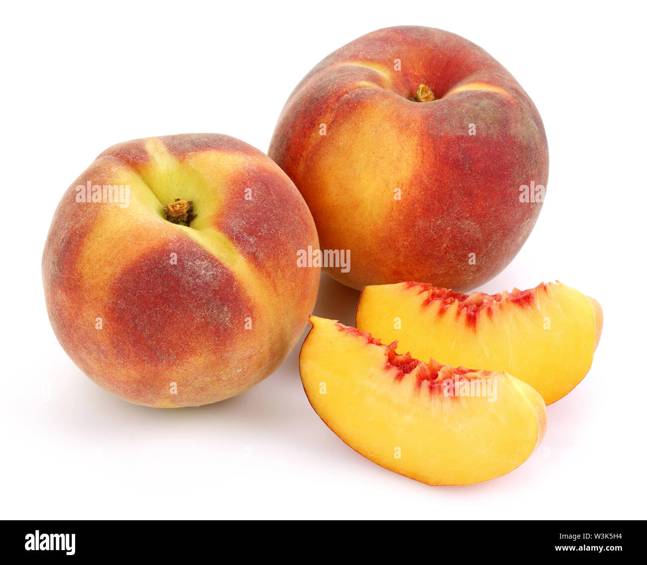 Ripe peach fruits with slices isolated on white background Stock Photo ...