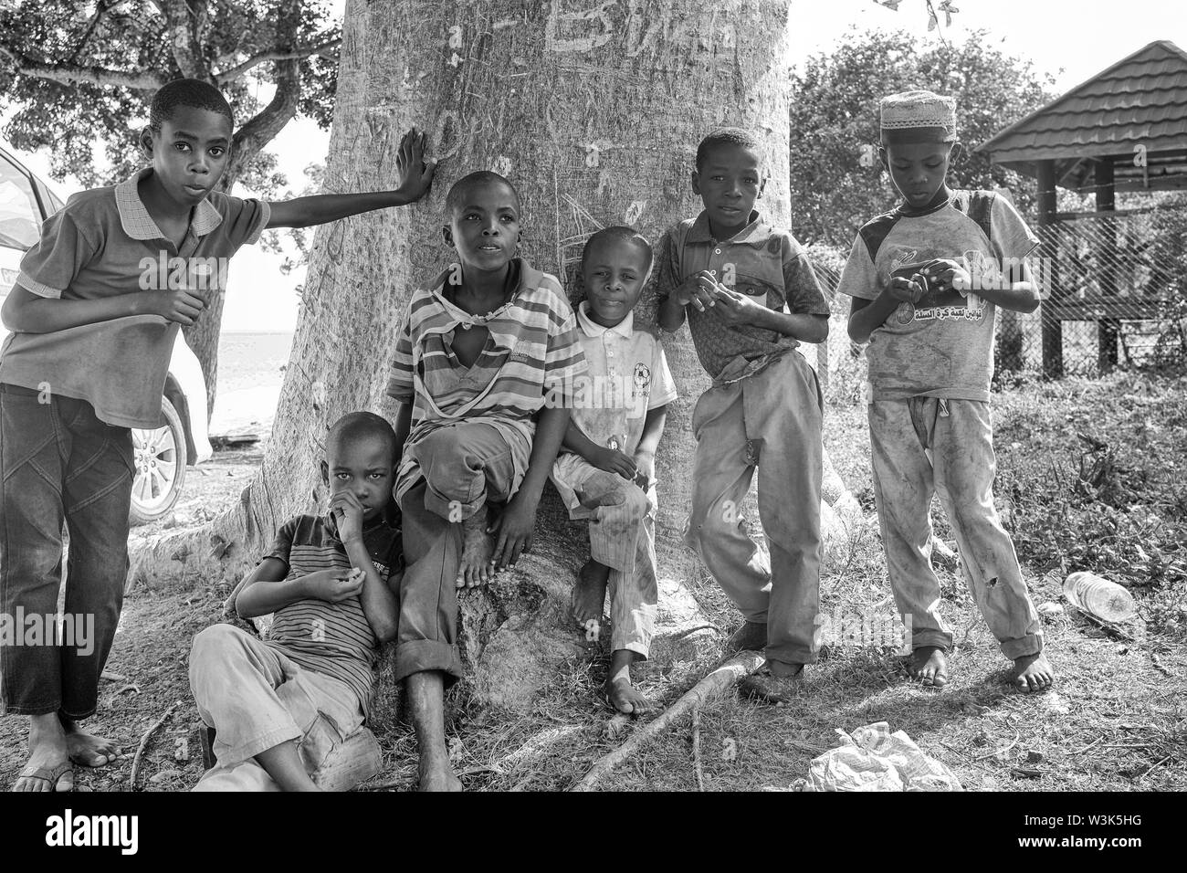 Various people are seen in Tanzania and Zanzibar, Africa including vendors, women, men, boys, beggars, Muslim, Masai and tourists in June, 2019. Stock Photo