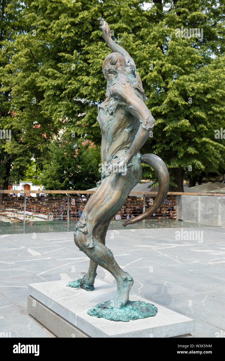 Large bronze statue of Prometheus by Slovenian sculptor Jakov Brdar on The Butchers' Bridge or Mesarski most Ljubljana Slovenia EU Europe Stock Photo