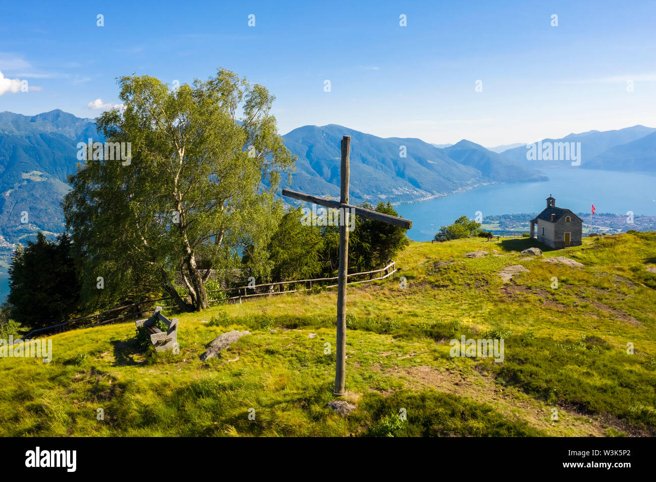 View of the stone church of Monti di Lego, overlooking Lago Maggiore,  Ascona and Locarno. Mergoscia, Valle Verzasca, Canton Ticino, Switzerland  Stock Photo - Alamy