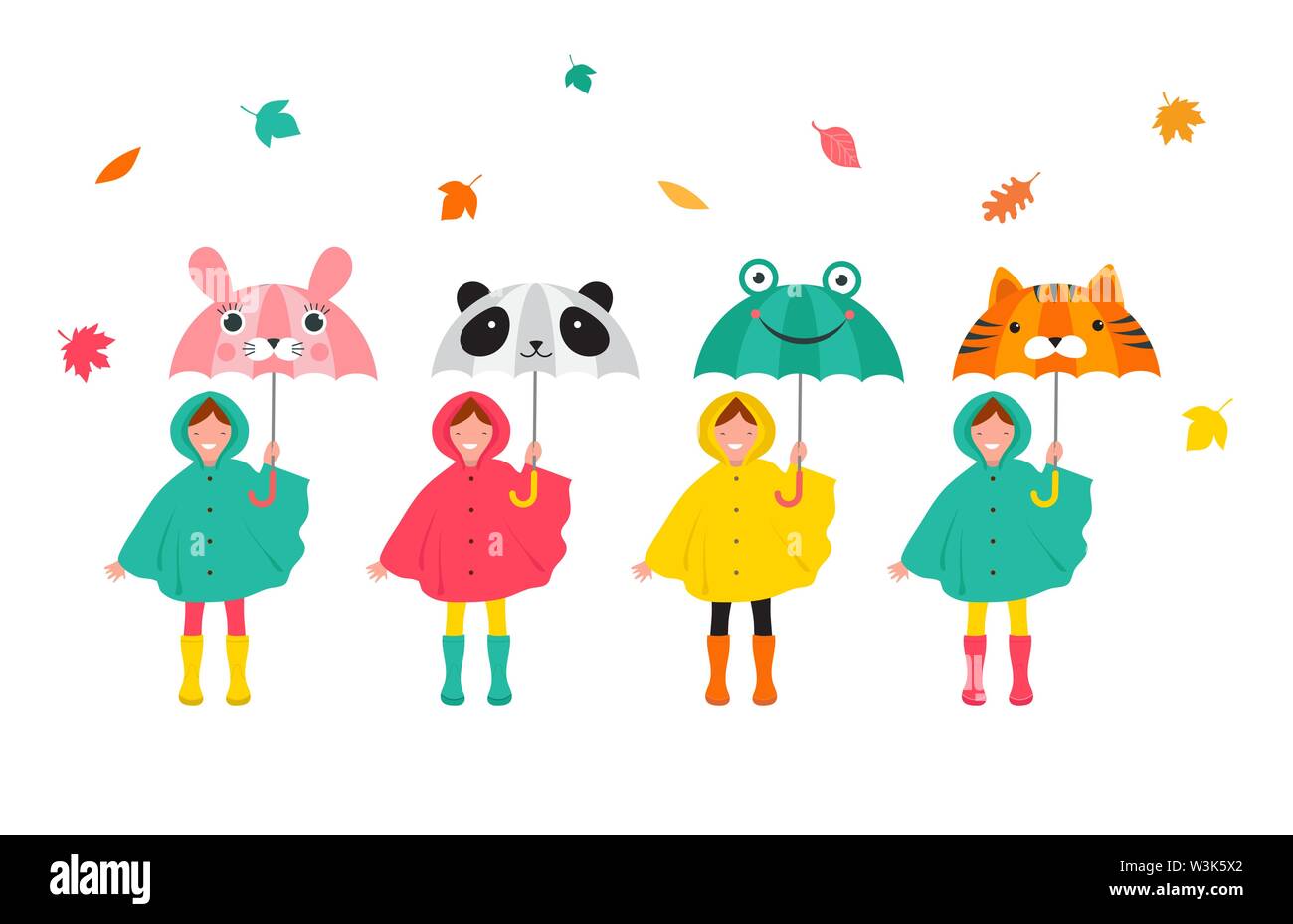 Autumn, fall scene with various cute kids, boys and girls in colorful raincoats having fun, playing with autumn leaves, holding a funny umbrellas. Col Stock Vector
