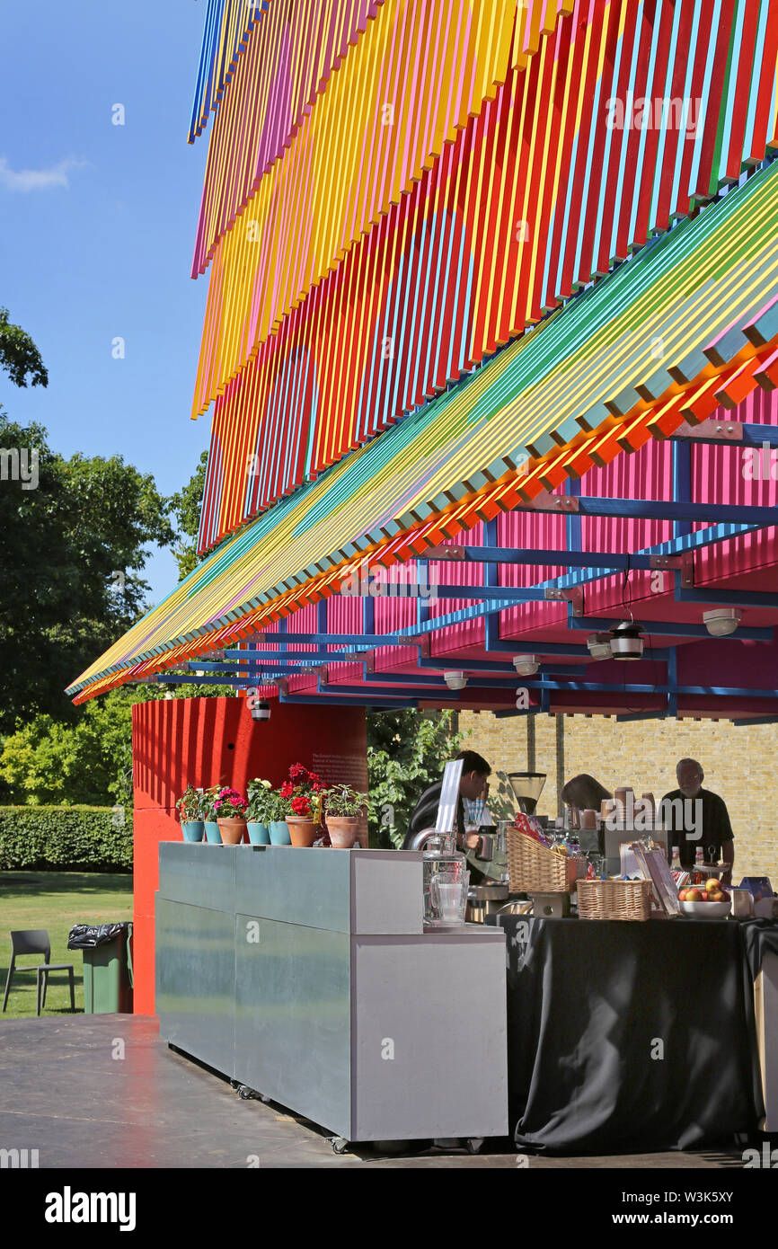 Outdoor bar in The Colour Palace, the 2019 Dulwich Picture Gallery Pavillion by Pricegore Architects with Yinka Ilori. Stock Photo