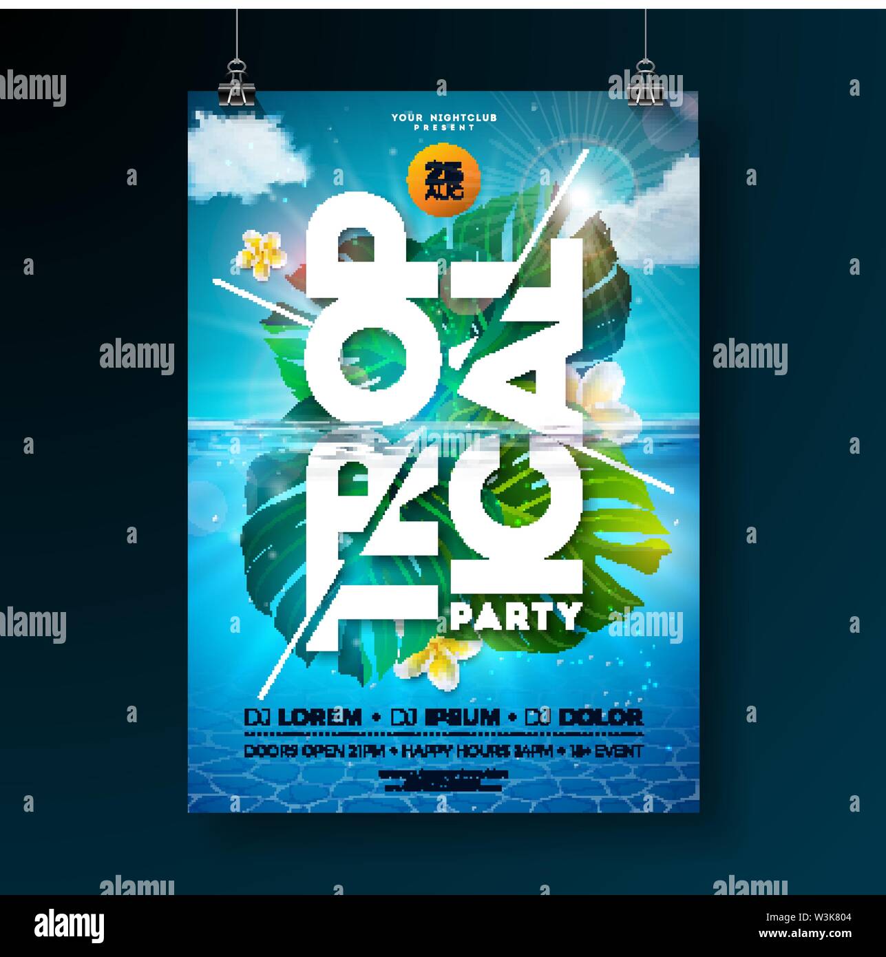 Tropical Summer Party Flyer Design Template with exotic palm leaves and ...