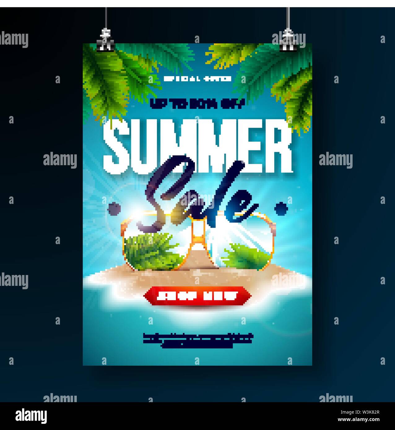 Summer Sale Poster Design Template with Exotic Palm Leaves and ...
