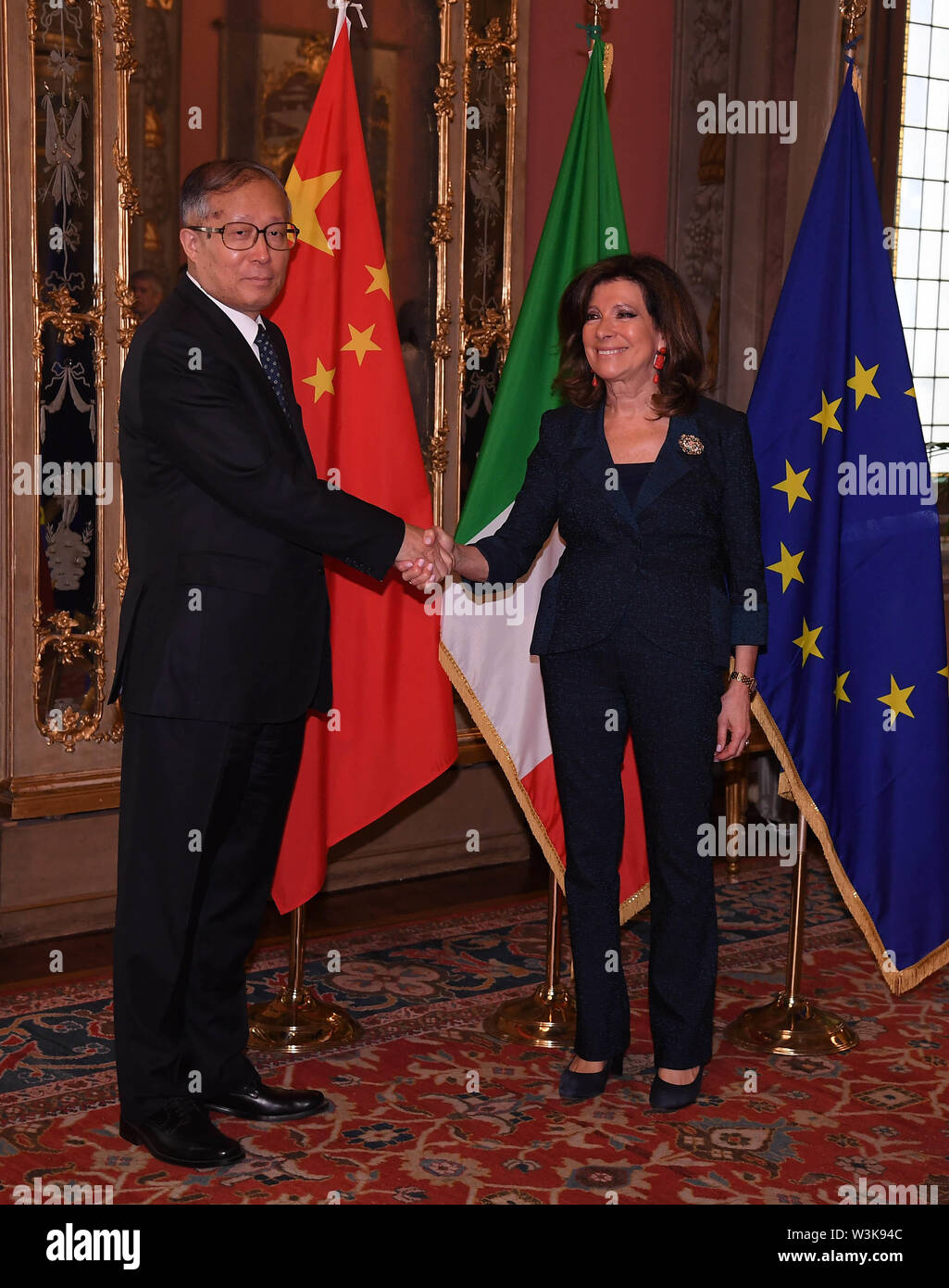 Rome, Italy. 16th July, 2019. Li Hongzhong (L), a member of the Political Bureau of the Communist Party of China (CPC) Central Committee and Secretary of the CPC Tianjin Municipal Committee, meets with Maria Elisabetta Alberti Casellati, president of the Italian Senate, in Rome, Italy, July 16, 2019. A delegation of the CPC headed by Li concluded its four-day visit to Italy at the invitation of Italian government on Tuesday. Credit: Alberto Lingria/Xinhua/Alamy Live News Stock Photo
