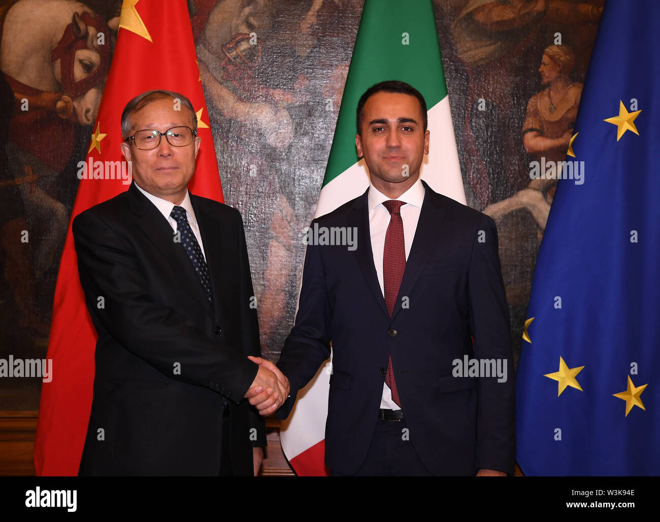 Rome, Italy. 15th July, 2019. Li Hongzhong (L), a member of the Political Bureau of the Communist Party of China (CPC) Central Committee and Secretary of the CPC Tianjin Municipal Committee, meets with Luigi Di Maio, Italian deputy prime minister and economic development minister, in Rome, Italy, July 15, 2019. A delegation of the CPC headed by Li concluded its four-day visit to Italy at the invitation of Italian government on Tuesday. Credit: Alberto Lingria/Xinhua/Alamy Live News Stock Photo