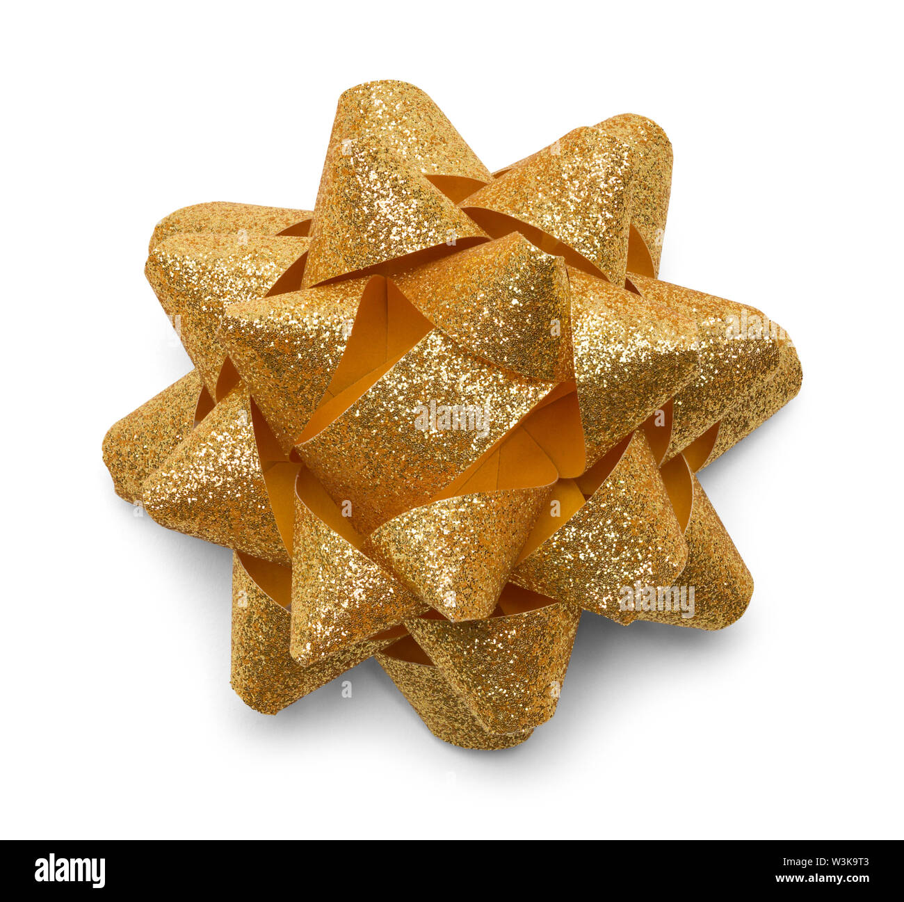 Gold Glitter Gift Bow Isolated on White. Stock Photo