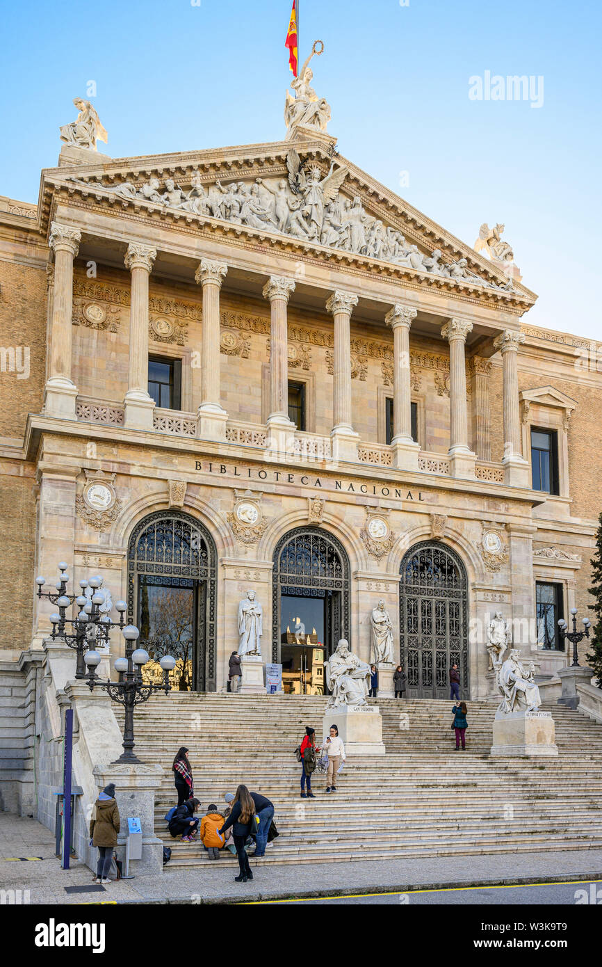 The entrance to The Biblioteca Nacional de España, National Library of Spain, on the Paseo de Recoletos, central Madrid, Spain, Stock Photo