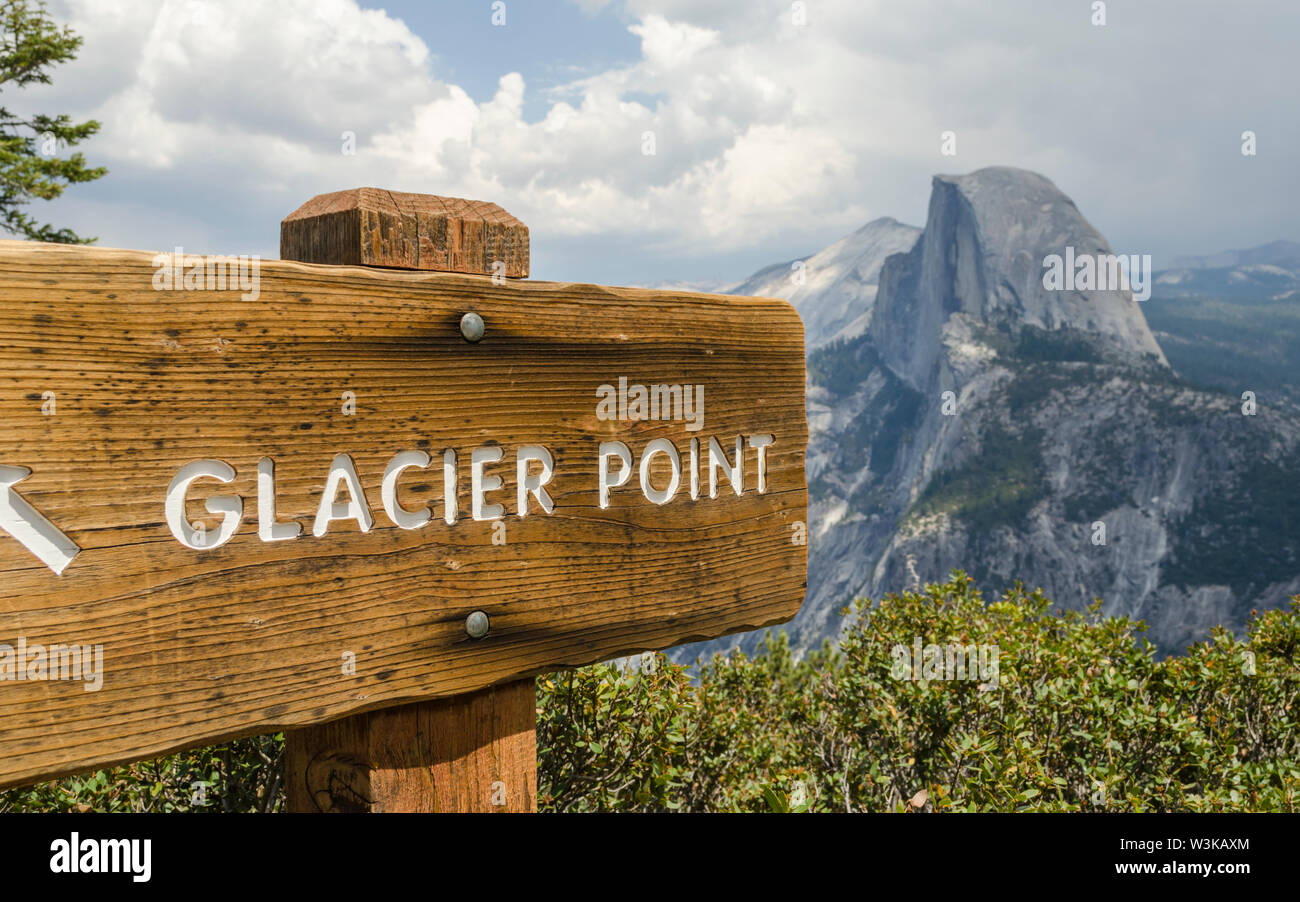 Glacier Point sign. Yosemite National Park, California, USA. Stock Photo