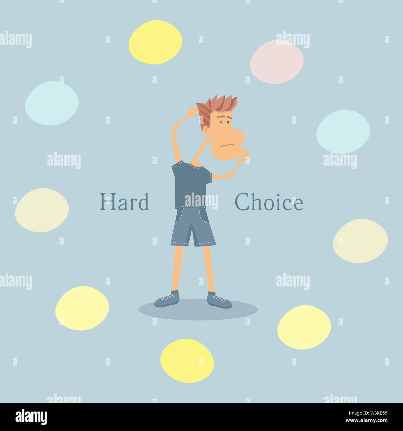 Vector illustration with a young man making hard decision. Flat style illustration Stock Vector