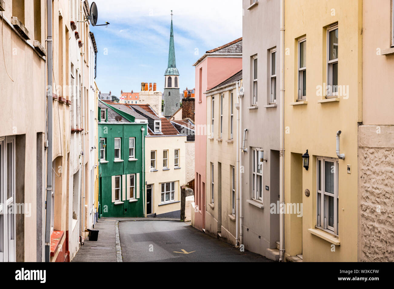 George Street, one of the steep side streets in St Peter Port, Guernsey, Channel Islands UK Stock Photo