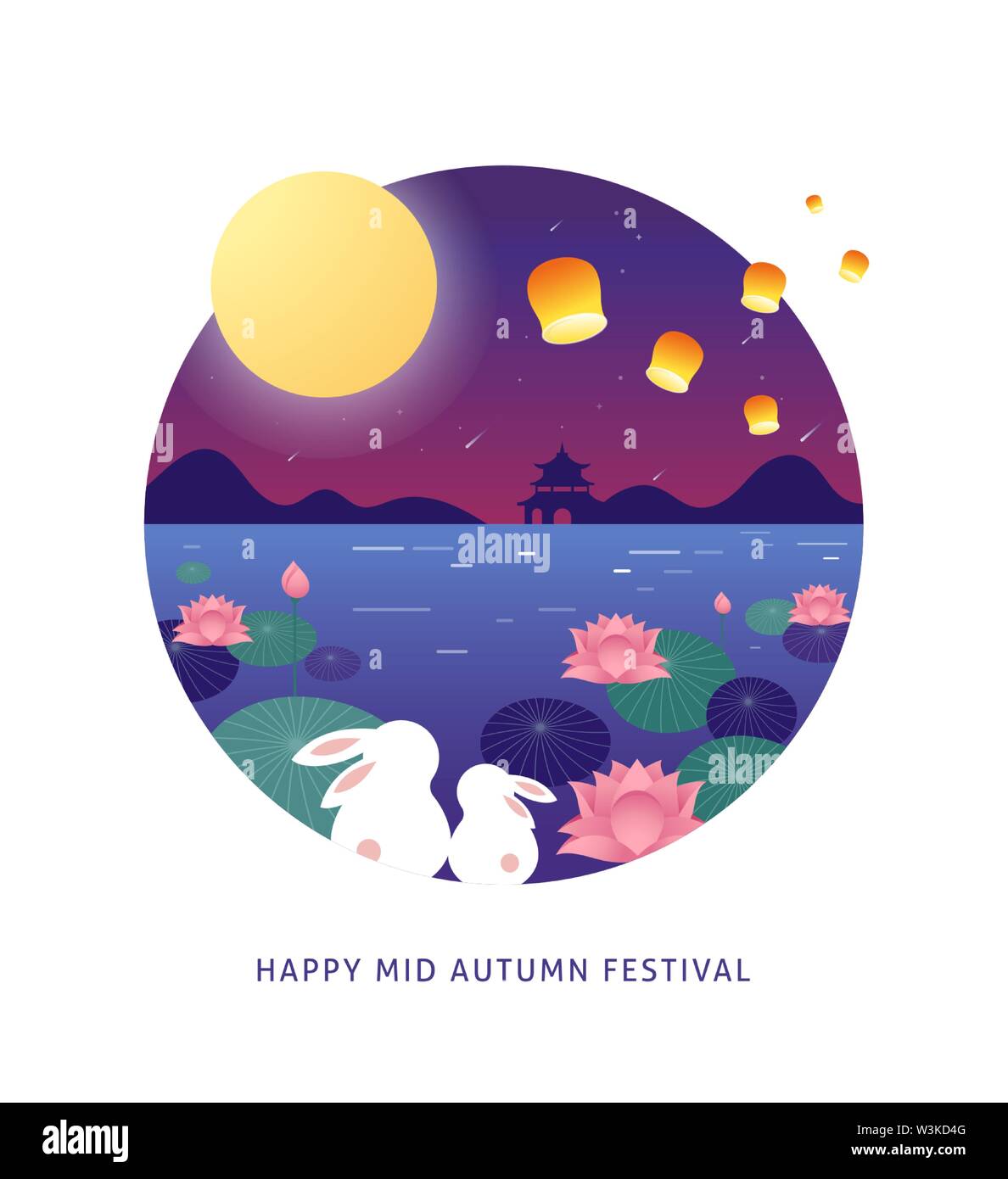 Mid Autumn Festival. Chuseok, Chinese wording translation Mid Autumn. Vector banner, background and poster with mooncake, rabbits, bunnies and full mo Stock Vector