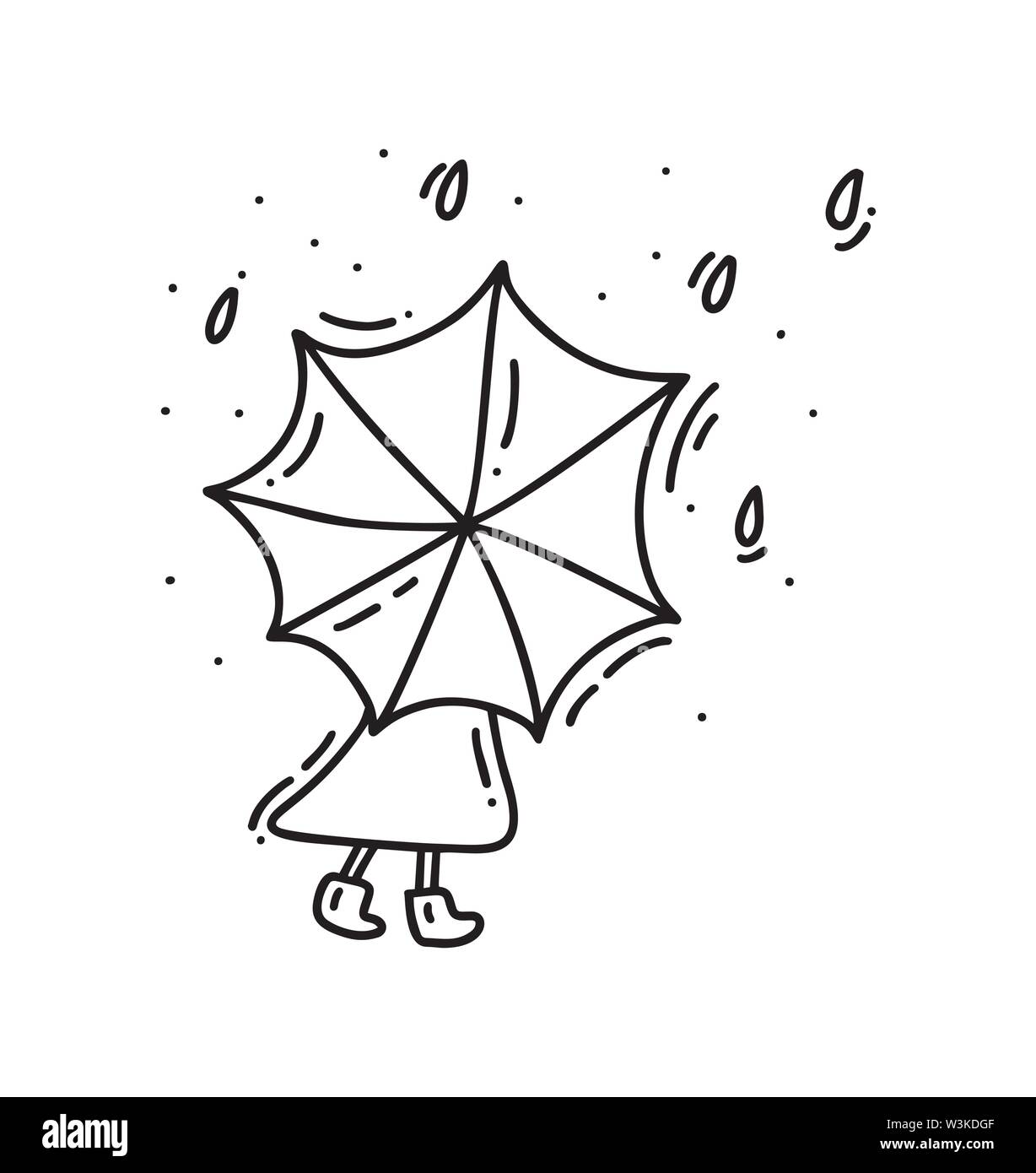Girl with umbrella in the rain day autumn. Hand drawn vector doodle illustration for autumn design Stock Vector