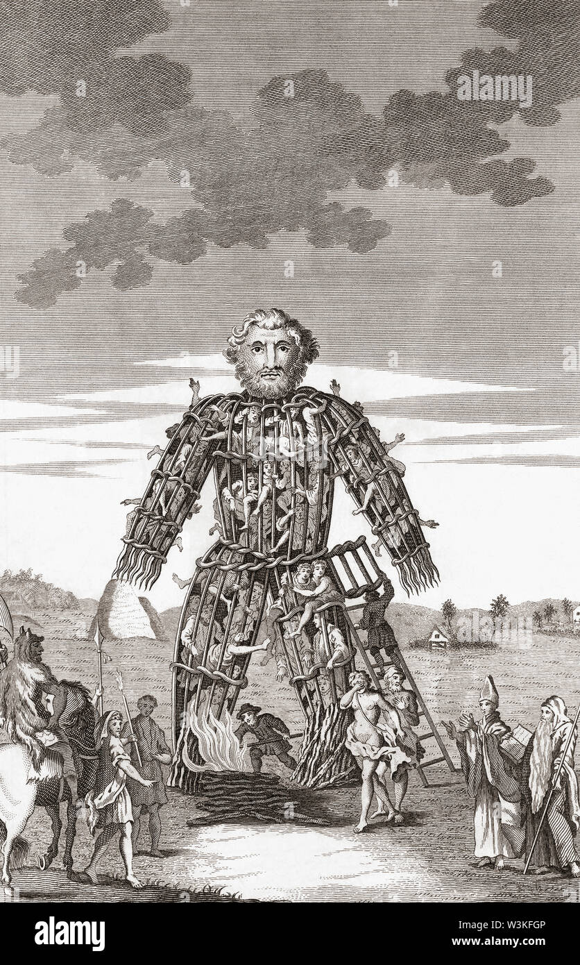 Wicker man. Large wooden or cane hollow wickerwork statue used by Druid priests. Reportedly, victims were placed in the structure and then burned to death as a form of sacrifice to the gods.  From a 1781 edition of  A Tour in Wales by Thomas Pennant. Stock Photo