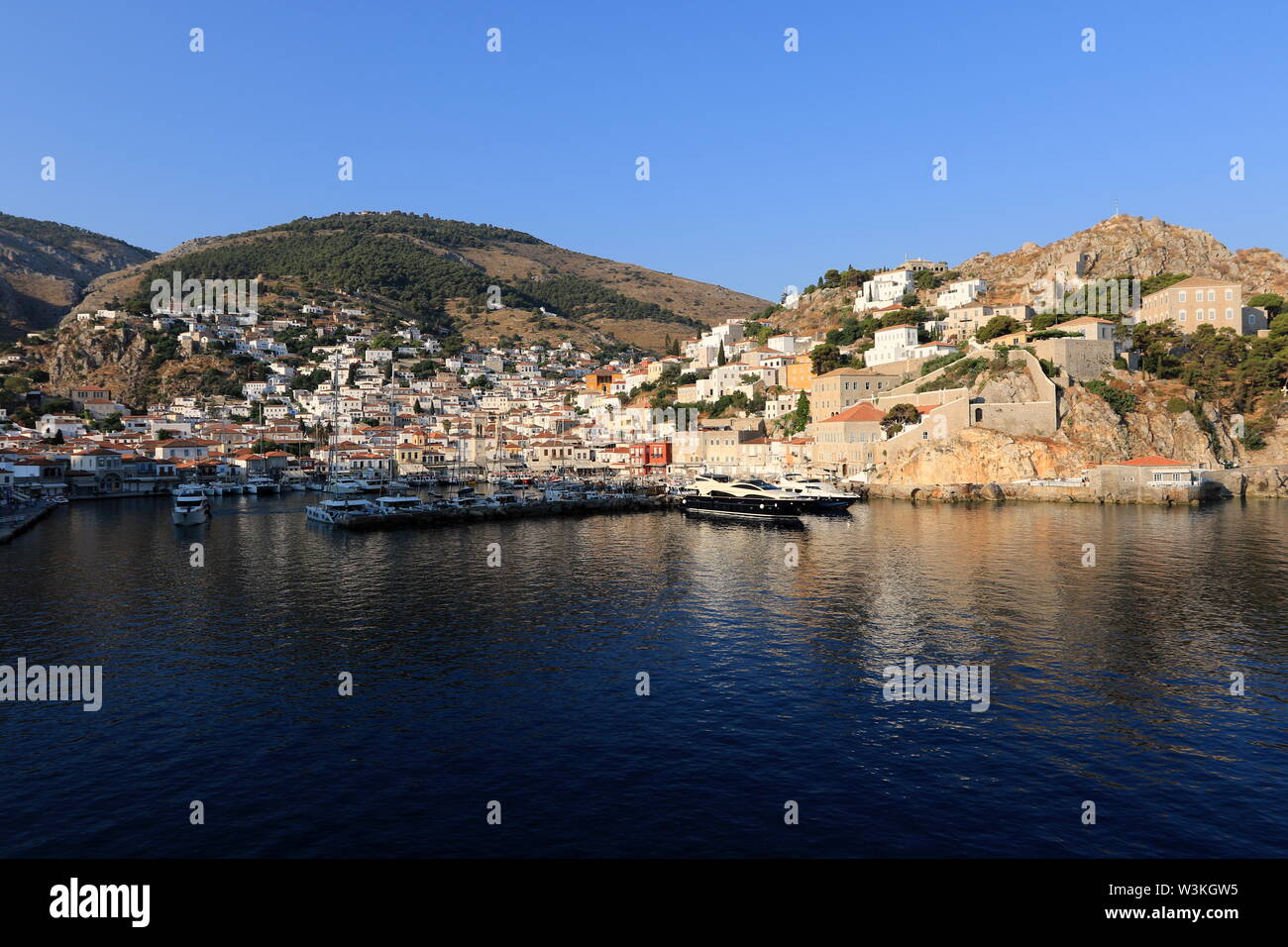 Panoramic view Hydra Harbor,  Hydra Town, Hydra Island, Greece Stock Photo