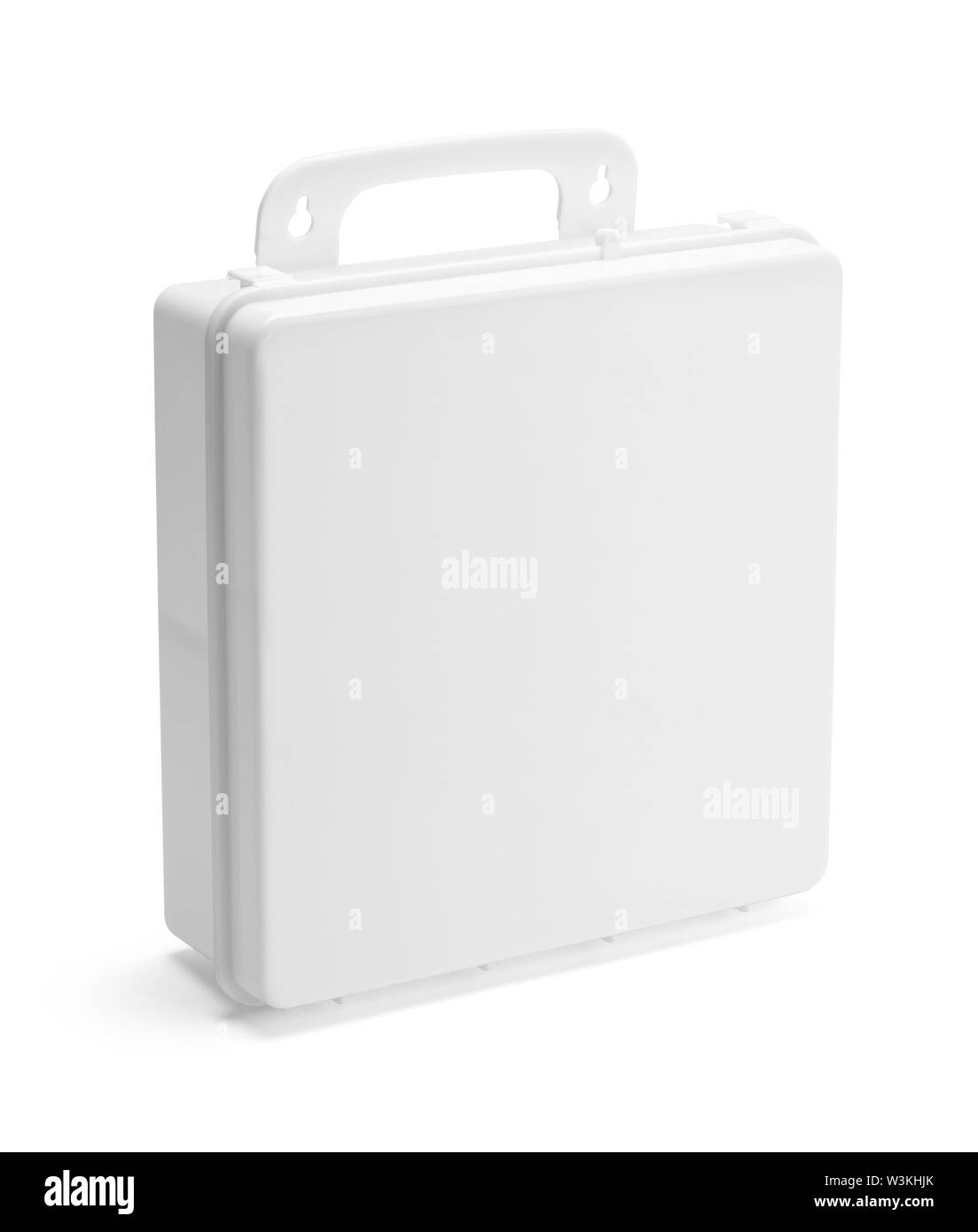 Plastic Supply Box Front View Isolated on White Background. Stock Photo