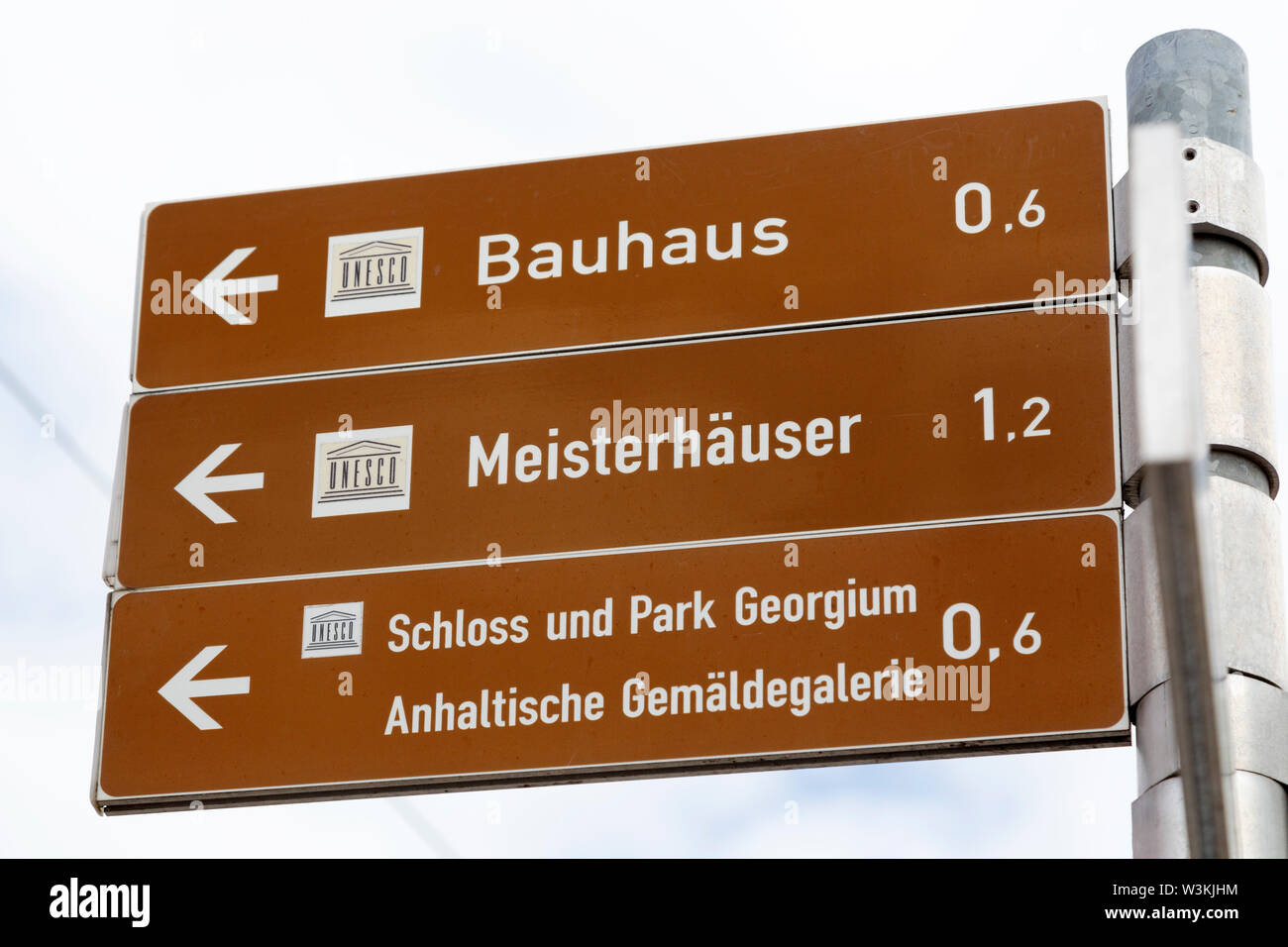 Sign for UNESCO World Heritage Sites in Dessau, Germany. Stock Photo