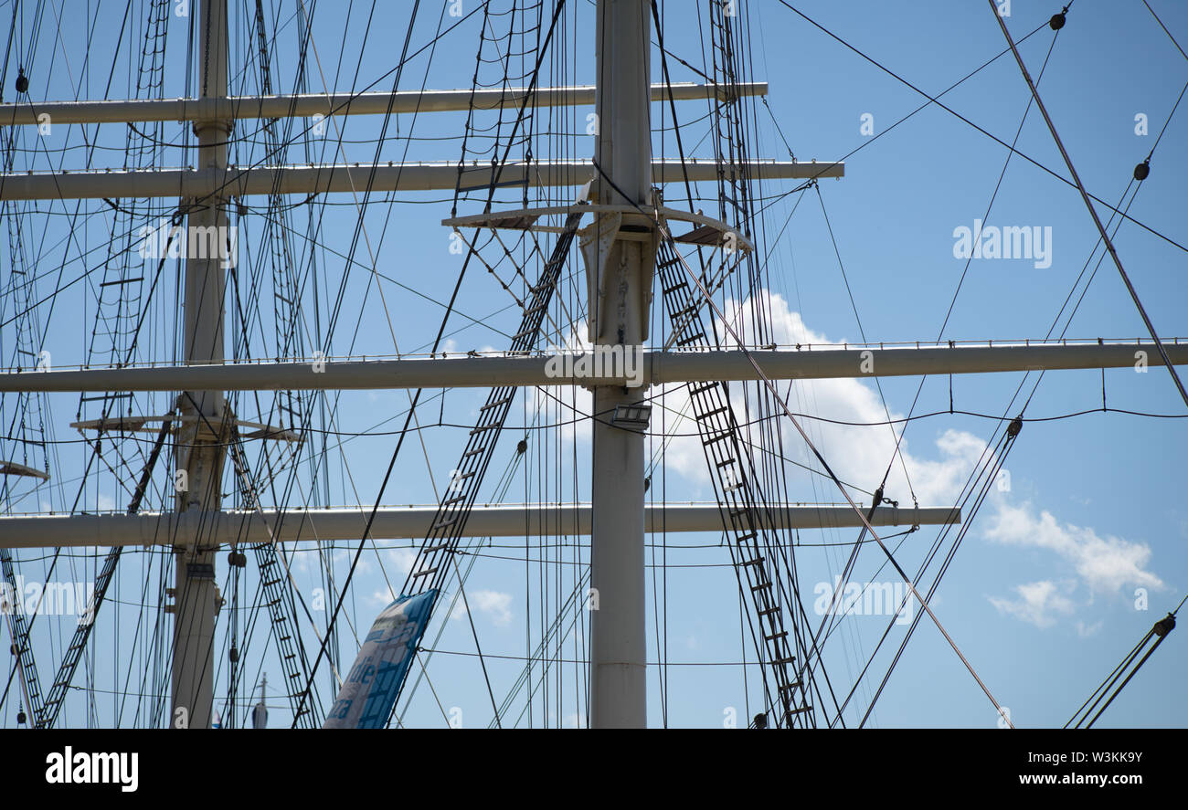 Detail view of the upper masts for the rigging of a large sailing ship Stock Photo Alamy