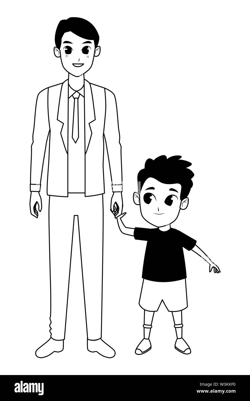 Family single father with children cartoon in black and white Stock