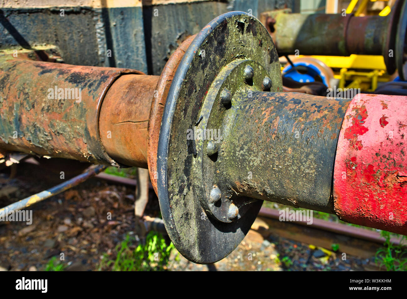 The rusty buffers of two old railway cars collide Stock Photo