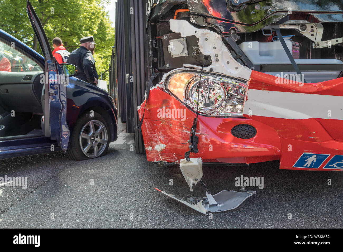 Hamburg City Bus after Crash with car Stock Photo