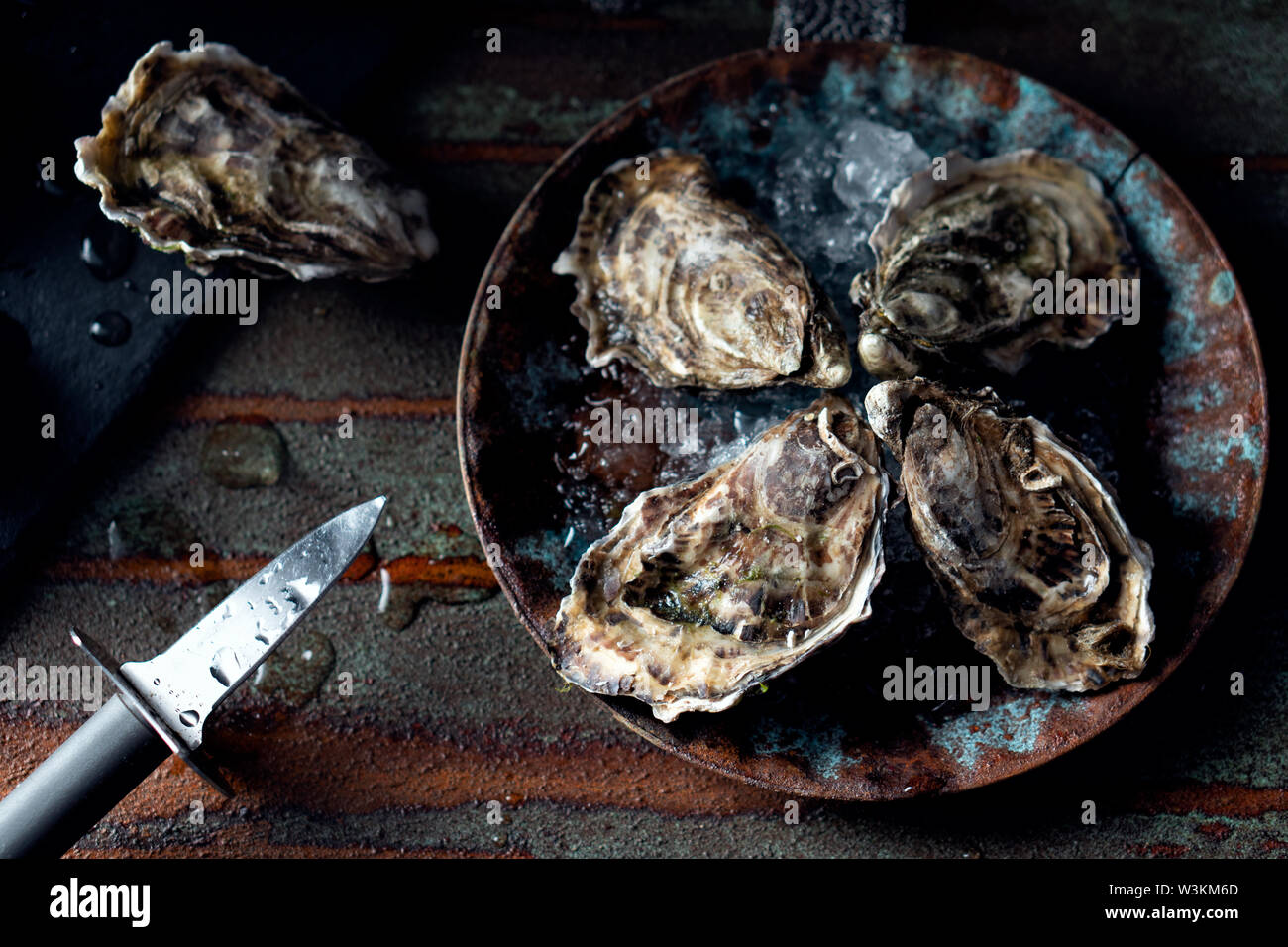 Opened fresh oysters on a dark background, a knife and water drops. Rostik style. Stock Photo