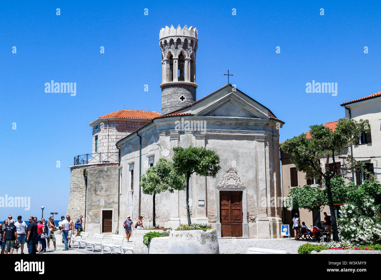 Close up view of Our Lady of Health Church in Piran, Slovenia Stock Photo