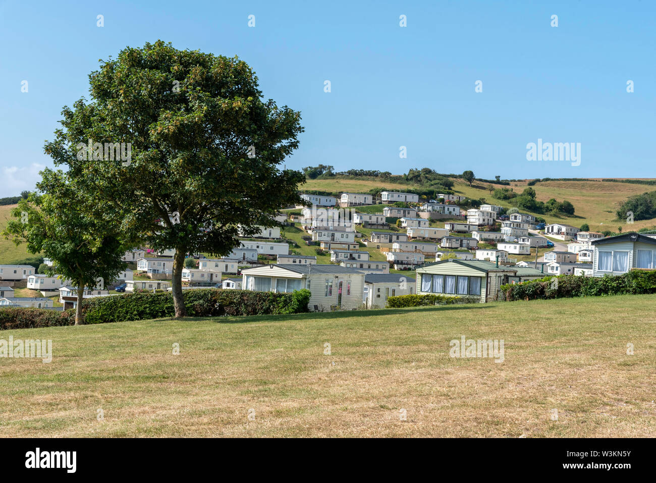 Beer, Seaton, Devon, England, UK. Caravan park at Beer Head on high ground above the seaside