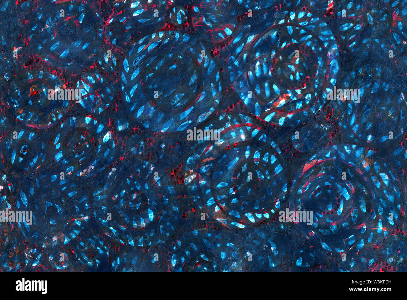 Abstract blue and red background. Grunge texture with scratches, dots and lines, with circles and white spots. Brush imprint, flower buds, body cell. Stock Photo