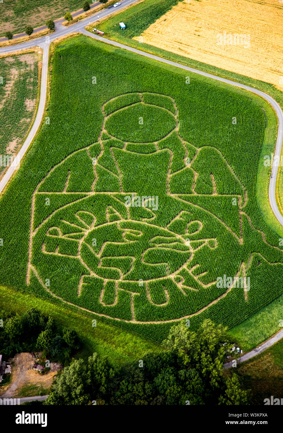 Aerial view of the FRIDAYS FOR FUTURE emblem with climate activist Greta Thunberg as a corn maze on a field in Cappenberg, Selm, Ruhrgebiet, North Rhi Stock Photo