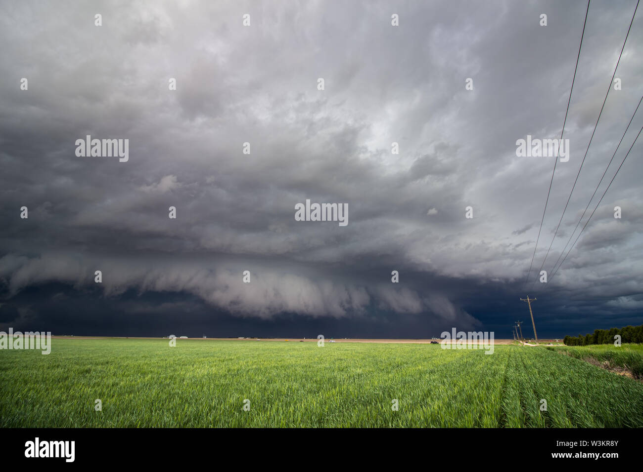 A low shelf cloud and severe storm approaches over farm country. Stock Photo